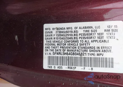 2016 Honda Odyssey Ex-L from USA, damaged, VIN 5FNRL5H64GB046821